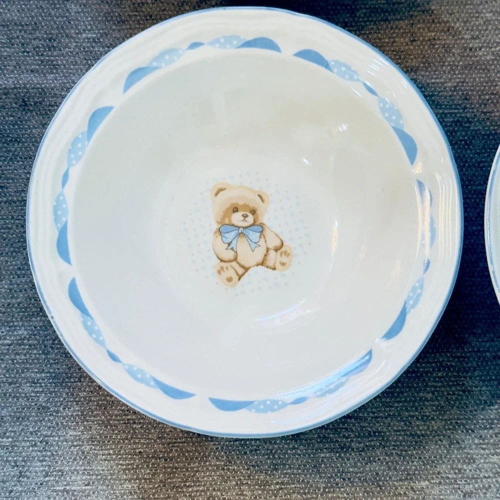 Vintage Tienshan Teddy Bear Bowl Blue Hearts Children's Cereal Soup Bowl